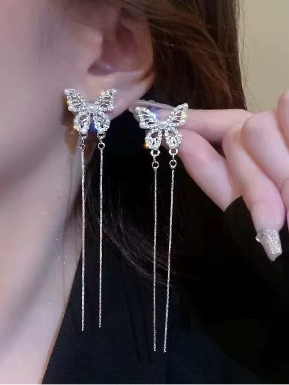 Exquisite  Silver Butterfly Dangle Earrings with Pearled Accent
